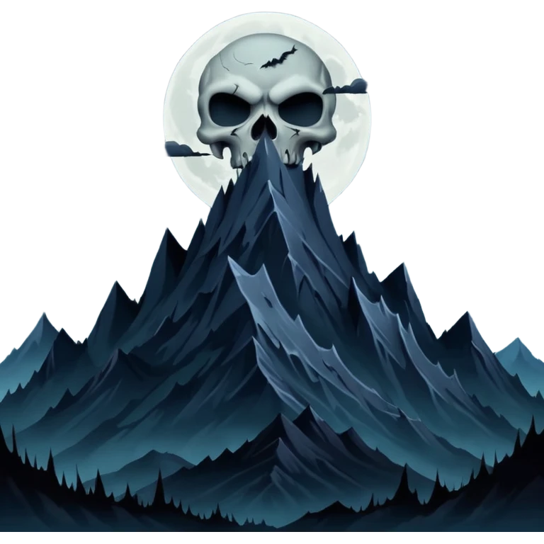 A dark and evil mountain range with a creepy moon and clouds over head. In the style of your bleeding skull art emoji