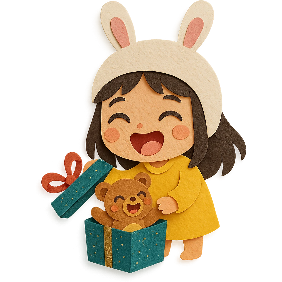 laughing chibi cute girl with a bunny hat unwrapping a magical glitter gift box with a small laughing teddy bear inside the gift box, full body, clean and polished, no imperfections, paper-craft style emoji