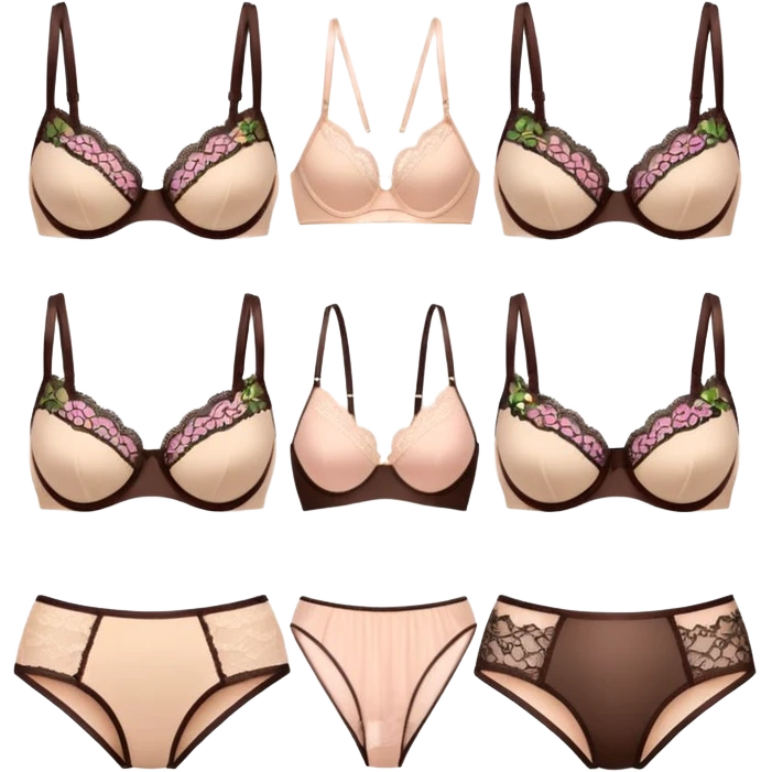 a set of 12 minimal emoji icons of lace lingerie: different bra and panties shapes, balconette, bralette, high-waist panties, thong, all in soft beige and blush tones, no body, only lingerie, flat vector style, on transparent background emoji