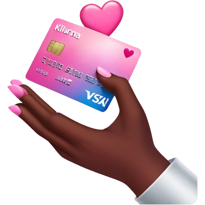Klarna Baddie” Emoji Icon  A dark-skinned hand holding a credit card labeled “Klarna 3x” with sparkles and hearts. Background in Mocha + Pink gradient. emoji