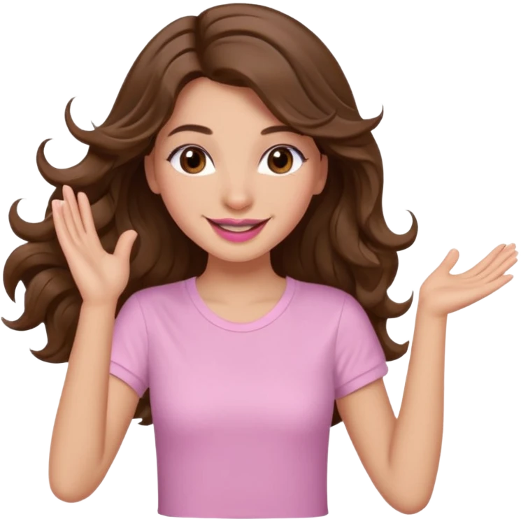 girl with wavy long brown hair, brown eyes, light to medium complexion, long lashes, light pink lipstick, smiling, wearing light pink shirt, dancing emoji
