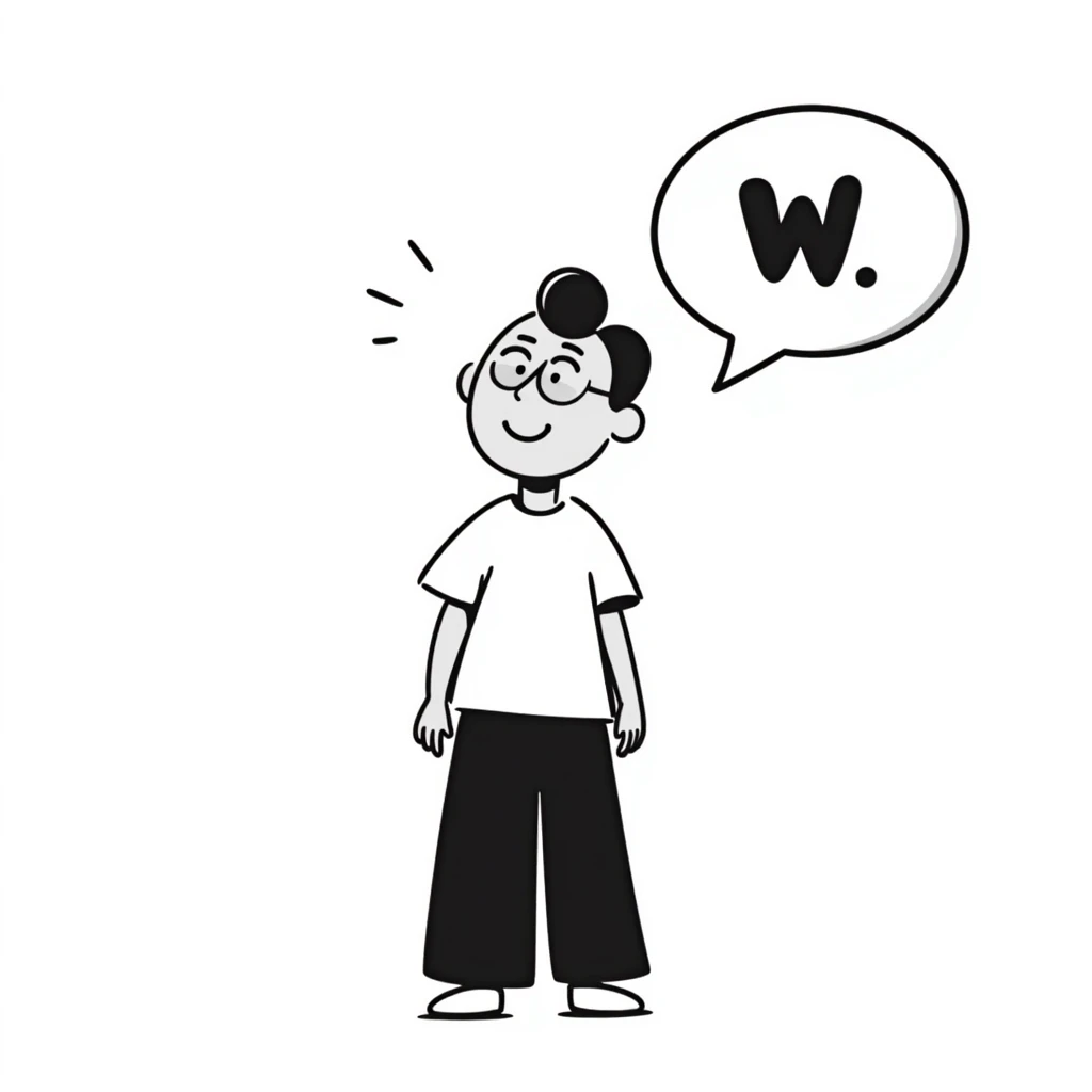 smiling Hispanic boy with black buzzcut, no facial hair, speech bubble with 'W' emoji