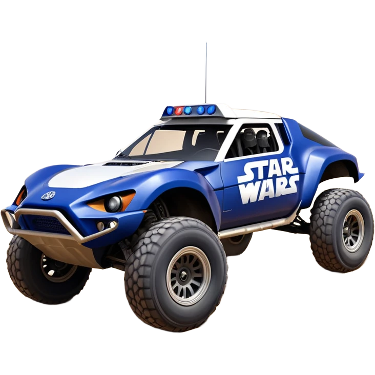 Star Wars storm trooper’s evil darkly night blue Dirty and dented Local Motors Rally Fighter off road race car hot rod meets 2013 Toyota 86 trophy truck-style basher flying on a dusty road (silver wheels) emoji