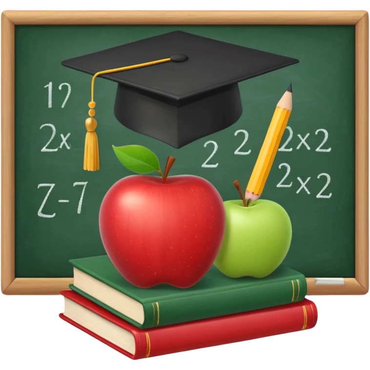 An icon featuring a chalkboard with educational equations, an apple, and a pencil, symbolizing pedagogy. The design includes a stack of books and a graduation cap, representing teaching and learning. Transparent background highlights the dedication to education and mentorship. emoji
