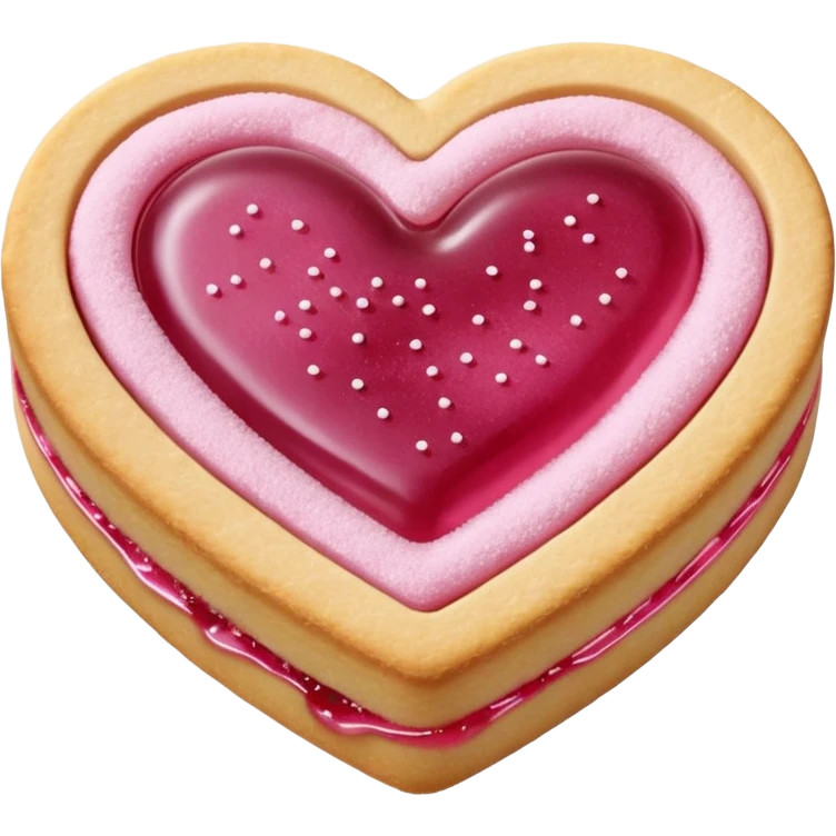 Realistic shortbread cookie in the shape of a heart with pink jelly middle filling and sprinkled powder sugar on top. emoji