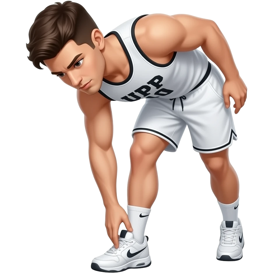 guy-in--white shorts --white-tank top-and-shorts-standing-up, bending down / over to streth and touch his toes of both his feet. feet are together / touching not spread apart. with "UPP" written-on-his-shorts in black. white gym shoes emoji