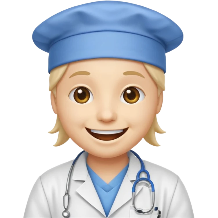 iPhone emoji style smiley face with a huge, exaggerated grin, in a white lab coat and blue surgical cap emoji