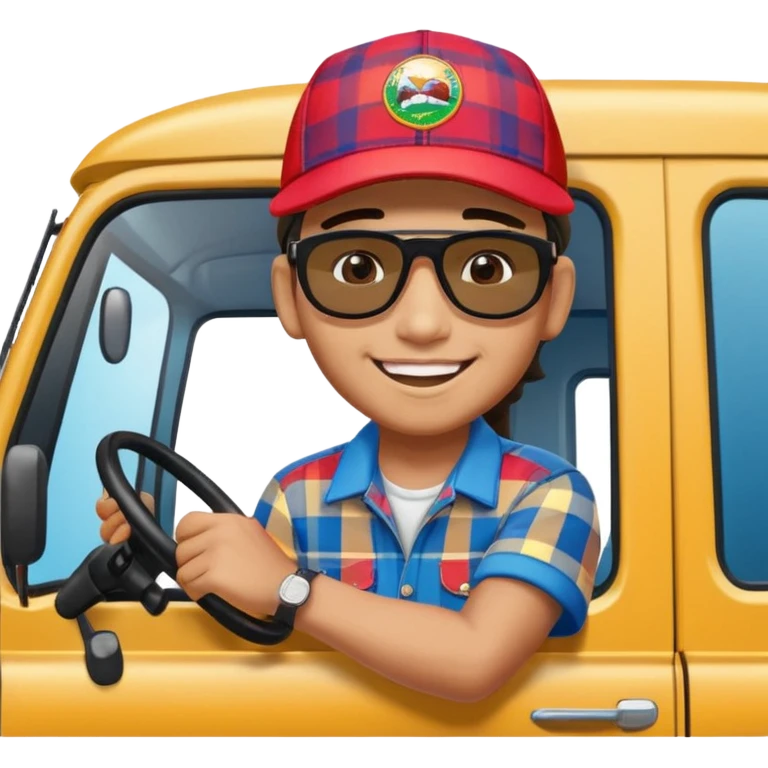 Cute emoji style illustration of a Peruvian truck driver, smiling young “chofercito carretero”, wearing baseball cap, sunglasses, plaid shirt, leaning out of a Hino 500 truck window, vibrant colors, bold outlines, glossy 3D emoji style, sticker design, transparent background emoji