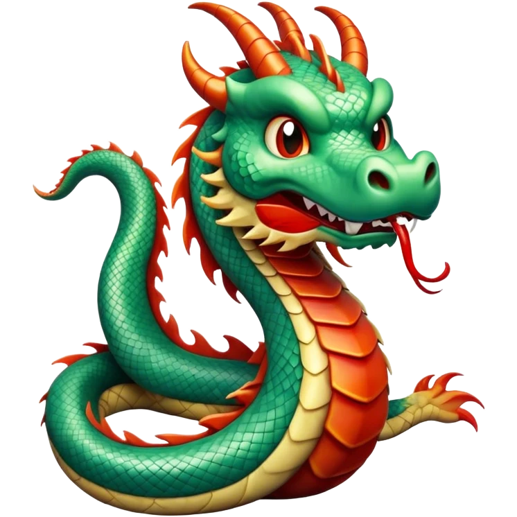 Cinematic Comical Chinese Serpent Dragon Portrait Emoji, Head tilted dramatically with an exaggeratedly amused expression, featuring a sleek, serpentine form adorned in luminous jade and vermilion scales interlaced with playful cloud and water accents; rendered with vibrant, lifelike textures and dynamic natural shadows, high shine, playful yet wise, styled with an air of cheeky ancient mystique, soft glowing outline, capturing the essence of a spirited and humorously enigmatic celestial dragon that looks ready to spiral into legendary lore! emoji