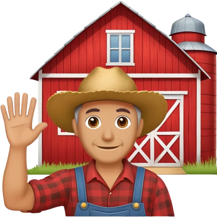a farmer waving in front of a red barn emoji