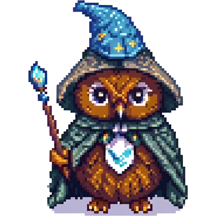 cute pixel owl dressed as a wizard with a starry hat and cloak big eyes holding a tiny wand 8-bit style emoji