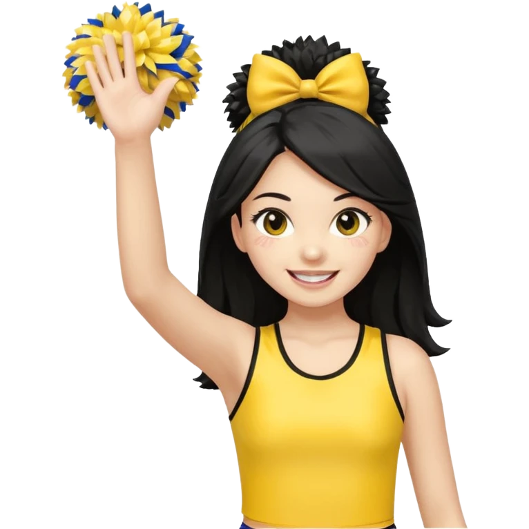 A long black hair teen girl waving pom-poms, eyes sparkling with excitement, yellow cheer leader top emoji