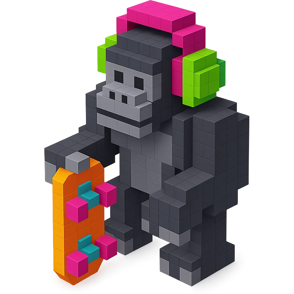 gorilla with headphones holding a skateboard, isometric view, voxel style emoji
