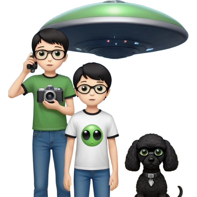 A little boy with straight black medium-length hair, white skin, and black eyes wearing black-framed glasses is taking photos on a UFO with a camera. Beside him, there is an alien and a brown round-headed poodle. emoji