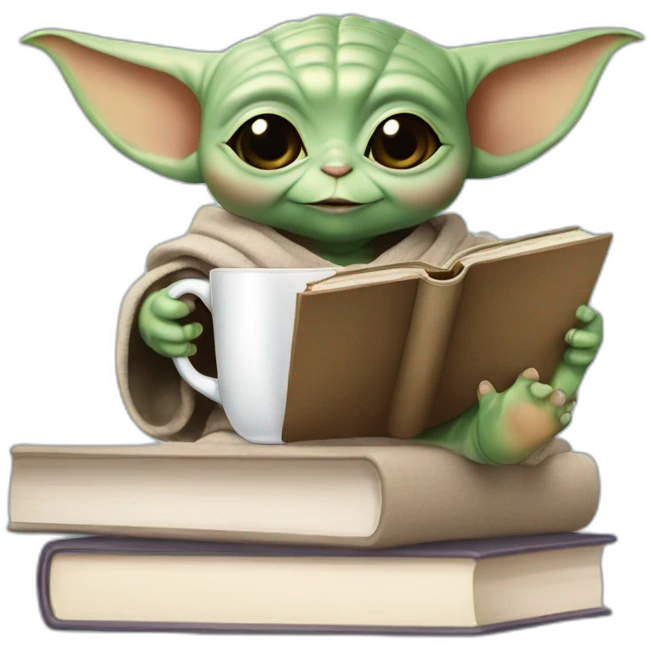 baby yoda at university with books in hands and a university cup emoji