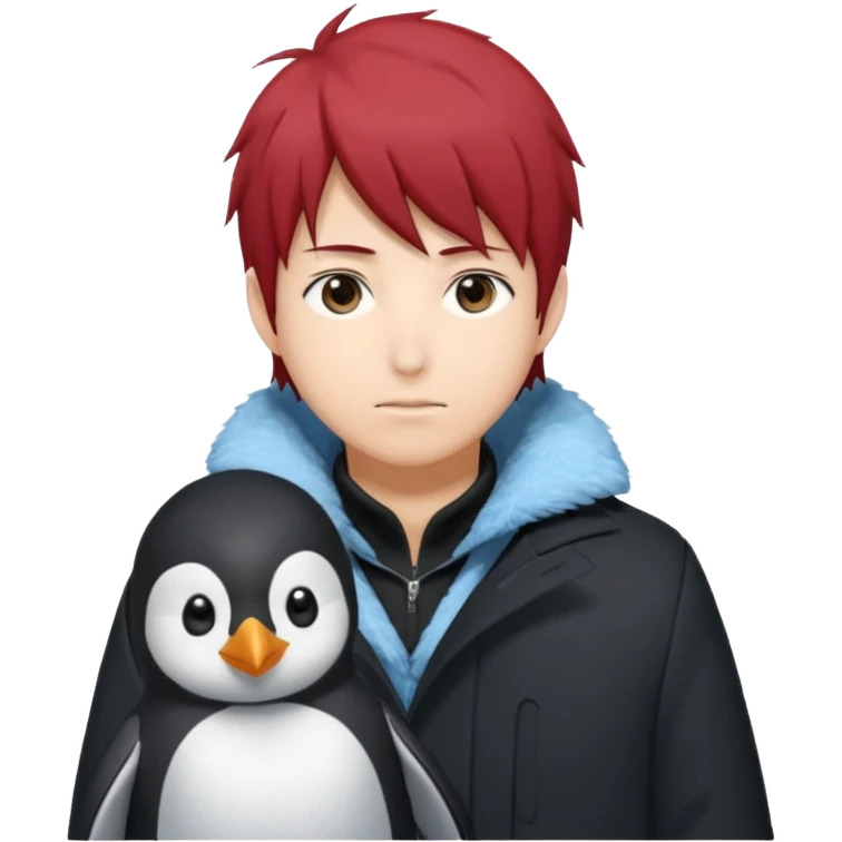 Winter penguin lying on Akashi Seijūrō’s shoulder with Akashi wearing winter clothes ans Akashi Seijuro from kuroko no basuke anime emoji