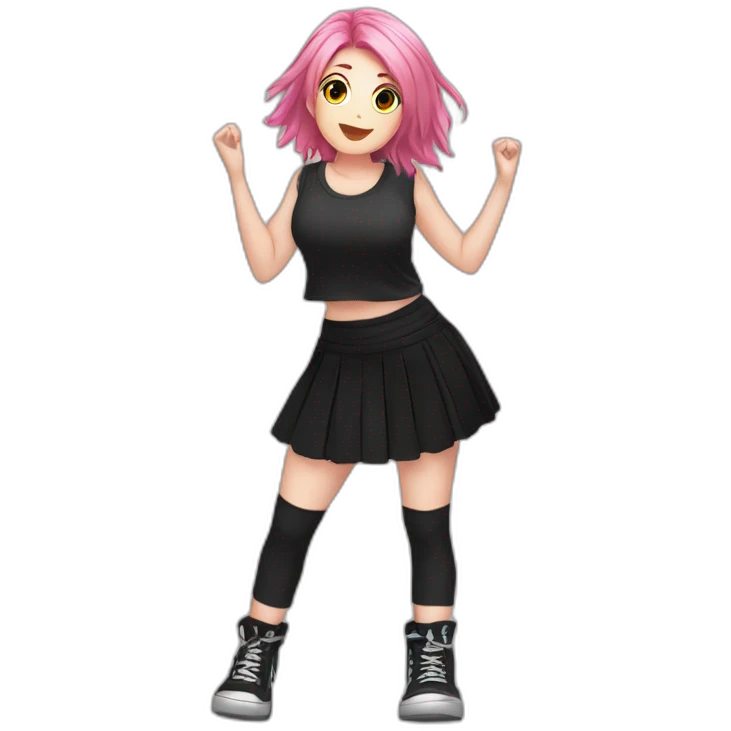 Full body Front view curvy emo girl pink hair sits on the floor straight view hands up black skirt белые трусики emoji