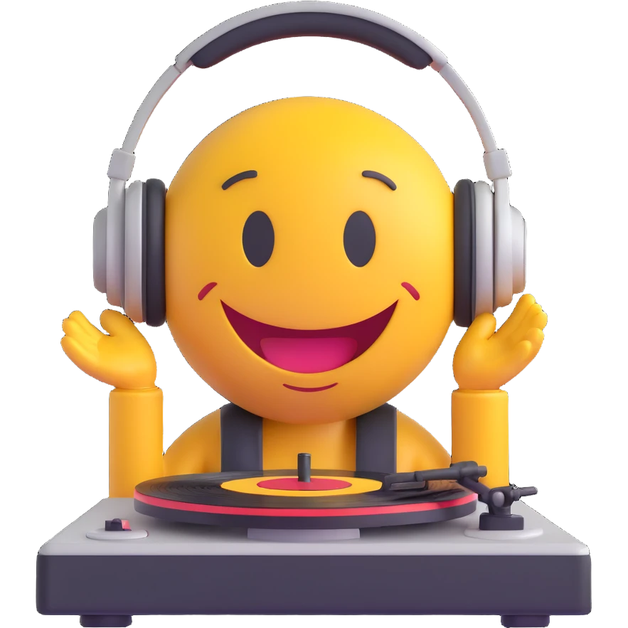 3D smiley emoji, round shape, DJ with headphones and turntable, funny face, transparent background emoji