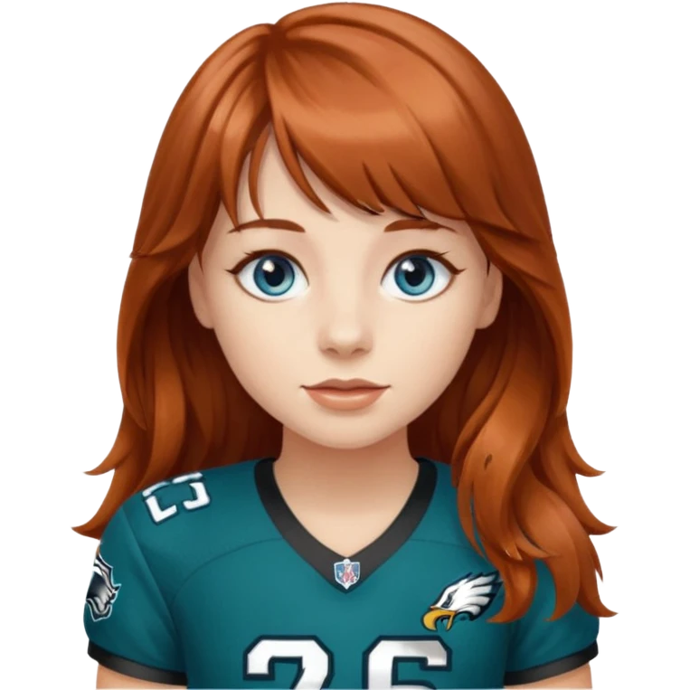 Girl with bangs, longer wavy auburn hair and blue eyes 
wearing #26 eagles jersey emoji