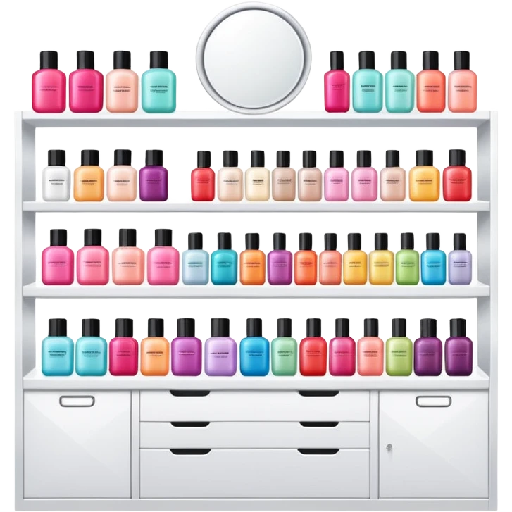 big beauty salon showcase with well-organized brand-labeled beauty products on a white shelves emoji