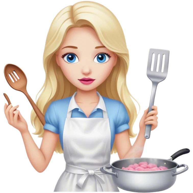 Cinematic realistic beautiful blonde with long hair, blue eyes and pink lips in a white dress cooks emoji