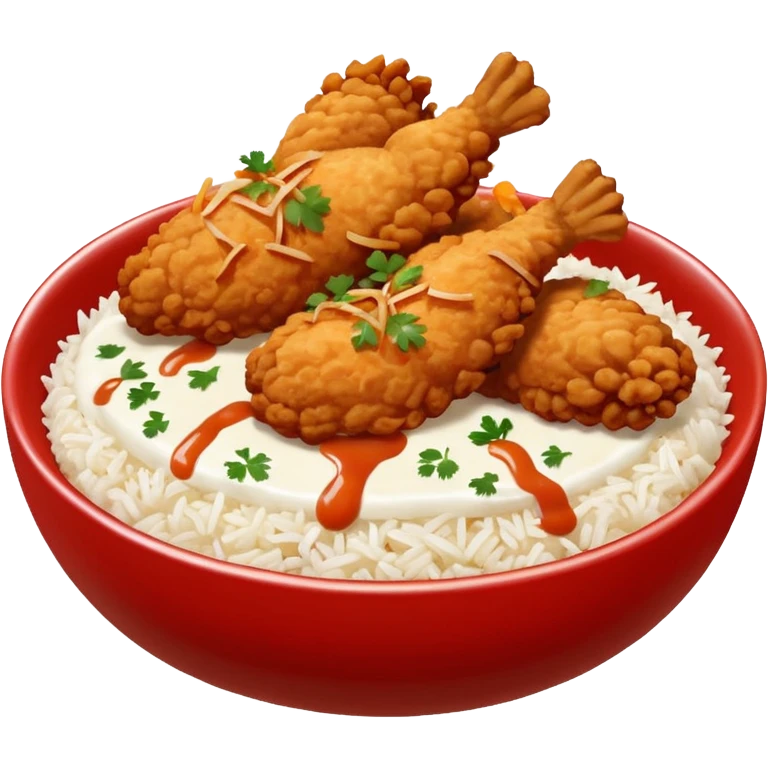 iOS-style food emoji, flat design: round bowl with white rice base, topped with crispy fried chicken pieces, fried onion bits, sweet-and-sour sauce and white sauce zigzag drizzles, finished with parsley flakes, clean shapes, transparent background. emoji