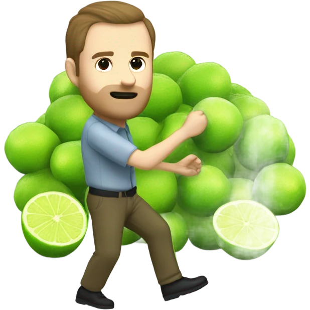 white man with brown hair but not facial hair bending down to pick up many fallen limes on the floor . Make it so there are many limes scattered around the flooor. emoji