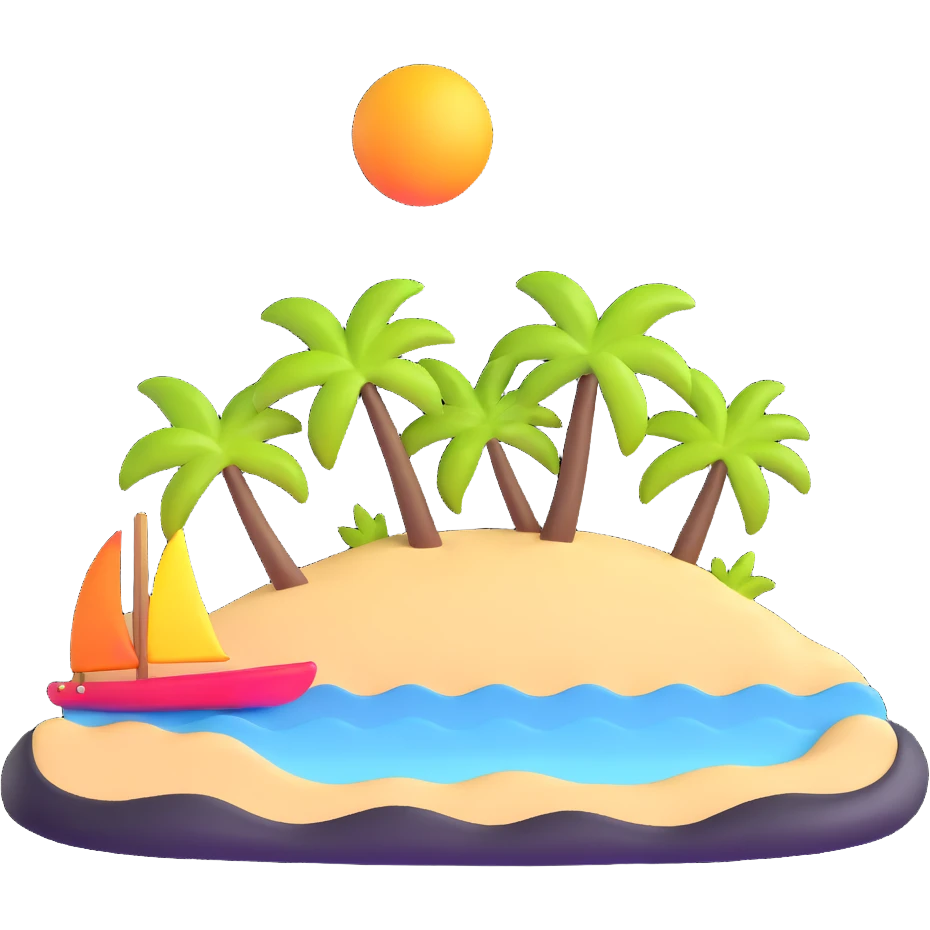 tropical beach with bright sun and colorful beach umbrella emoji