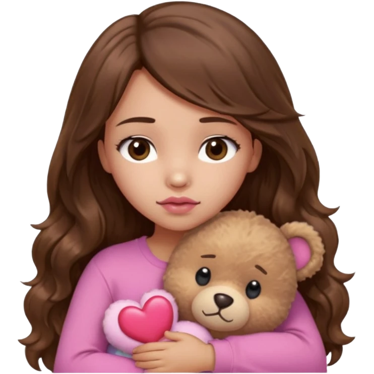 girl with long wavy brown hair, brown eyes, light to medium complexion, in a pink shirt, pink lips, long lashes, sad, hugging squeezing  a teddy bear with hearts emoji
