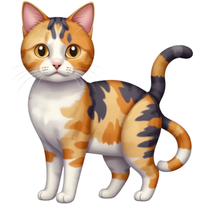 full body anxious looking colourful patchy calico tabby cat with tiny head to large body with fully white front legs emoji