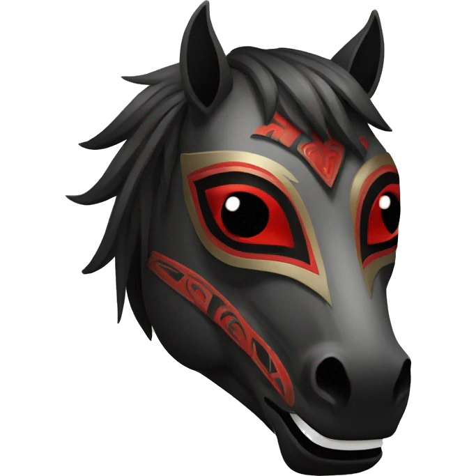 Black mask of a smiling horse with red eyes in front with a tribal style emoji