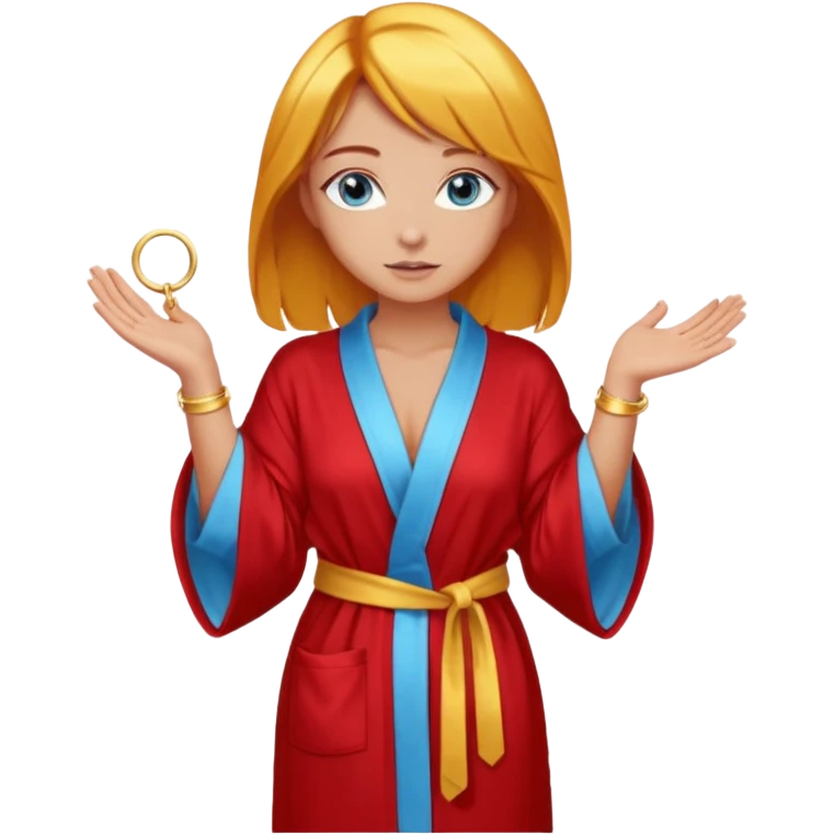 lightly tanned skin, blue eyes, cute and sexy girl with bright yellow-brown hair in a few shades of red robe, golden rings, slight cute makeup, full body, slightly turned aside pose, hands hidden behind back emoji