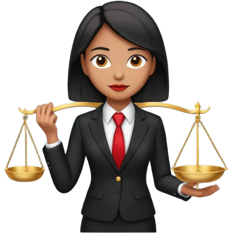 female lawyer emoji, wearing suit and tie, holding scales of justice emoji