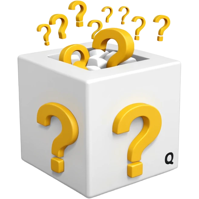 white cube shaped box printed with "q&a" over stuffed with yellow question marks emoji