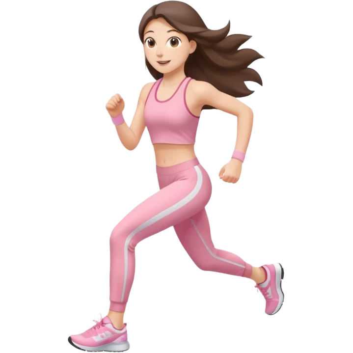white happy brunette teen long hair with hazel eyes in light pink workout clothes jogging through fiish line emoji
