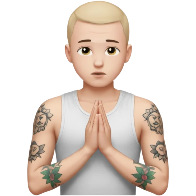 A 20 year old white man with a buzz cut and tattoos all over his arms and chest. Pleading face with hands praying wearing a white tanktop emoji