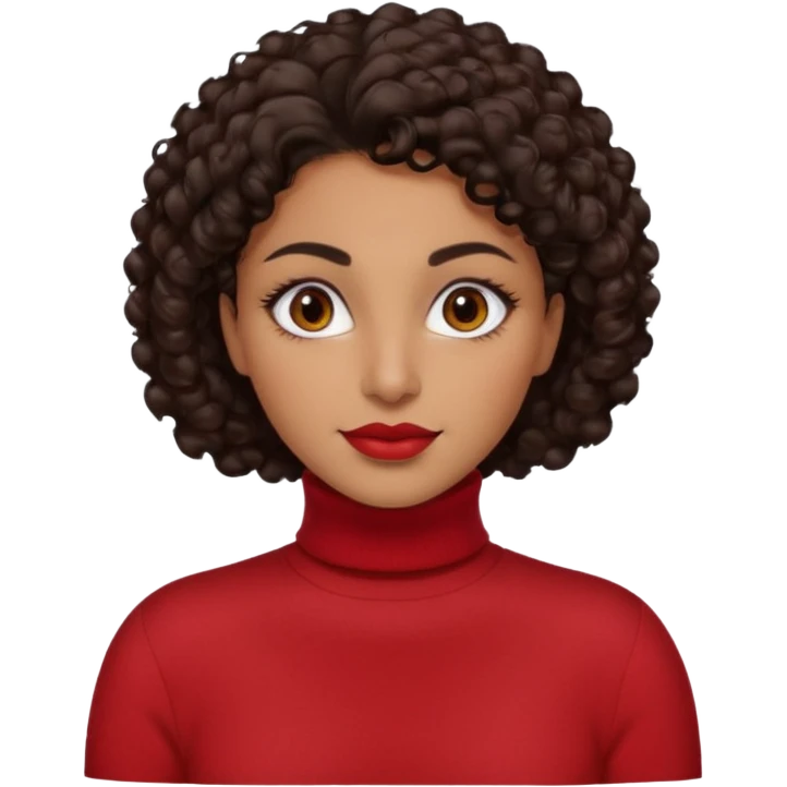 30 yr iranian woman dark brown hair curly wavy short hair, red turtle neck sweater, very thick eyebrows emoji