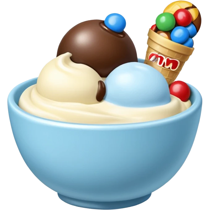 A bowl with ice cream one is vanilla with chocolate an the other one is ligtblue with m&m emoji