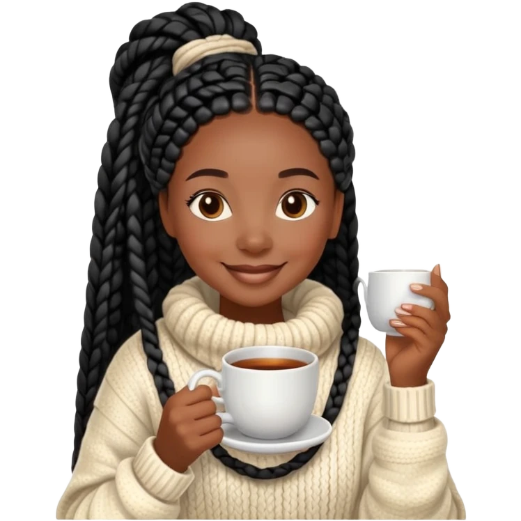 A dark-skinned Black woman with long black box braids, holding a steaming tea cup with both hands, wearing a cozy sweater, smiling. emoji