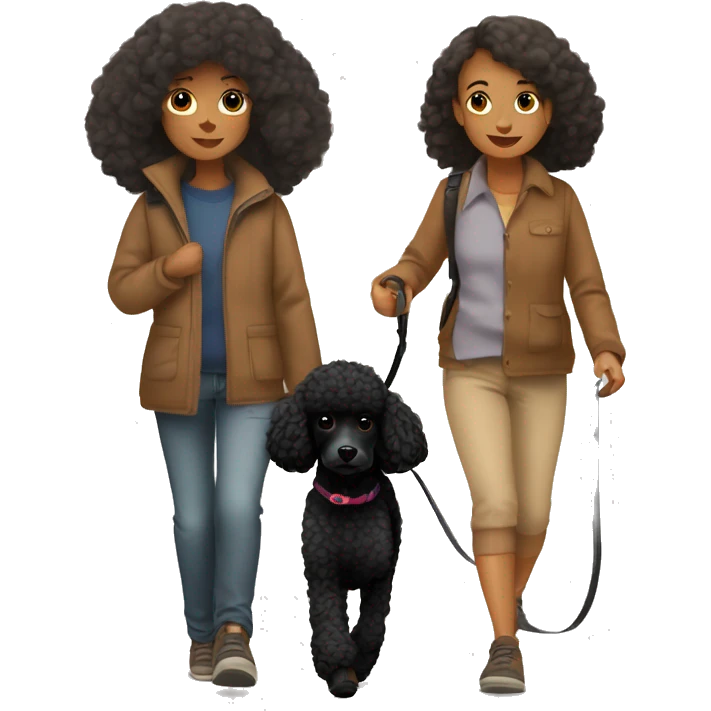 3 legs One Small unshaved Black Poodle with brown harness is walking with girl emoji