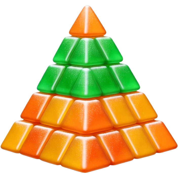 3D render of Gumdrop Pyramid, made entirely of dessert materials, glistening sugar crystal texture, stacked green and orange sugar-coated jelly candies, delicious confectionery aesthetic, Apple emoji style, isolated on white background --v 6.0. emoji