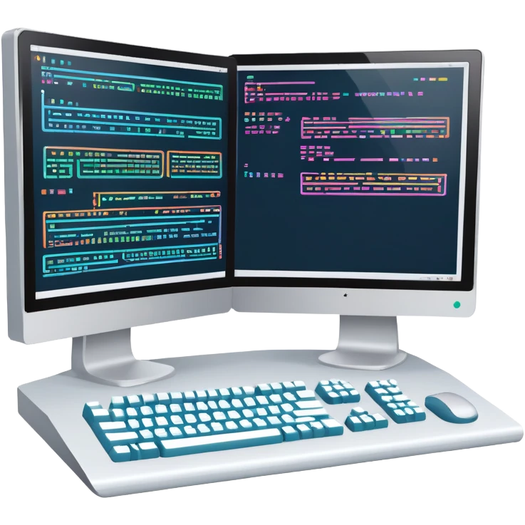 An icon featuring two large monitors filled with colorful code lines, symbolizing programming. The design includes a keyboard, terminal windows, and flowcharts in the background, representing software development, logic, and debugging. Transparent background emoji