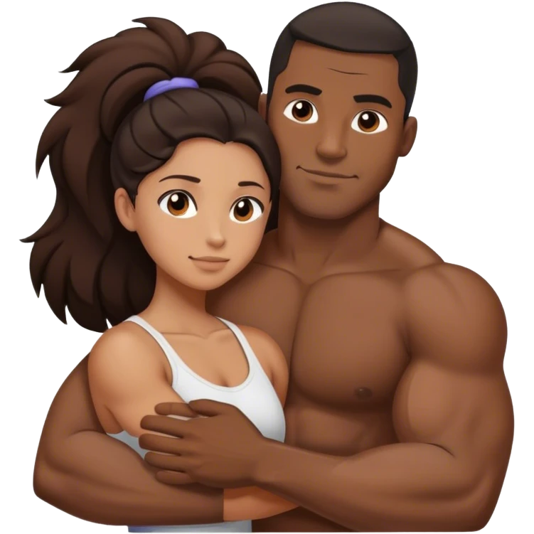 Black man with muscles hug small brunette woman emoji