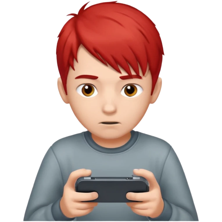 A boy with half gary hair and half red hair playing video game in is mobile  emoji