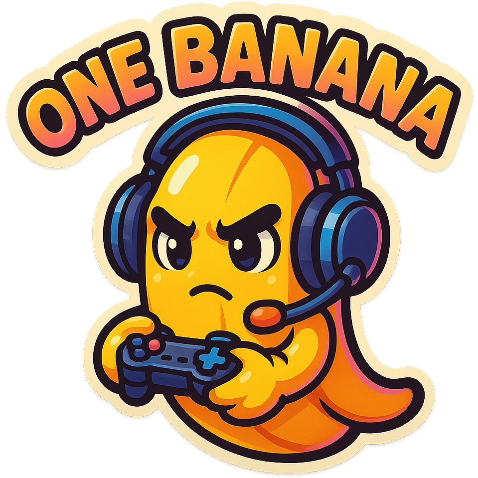 Cartoon banana wearing headset, holding tiny controller, focused expression, text above: "NE BANANA", chibi style, Twitch emoji style, transparent background, colorful emoji