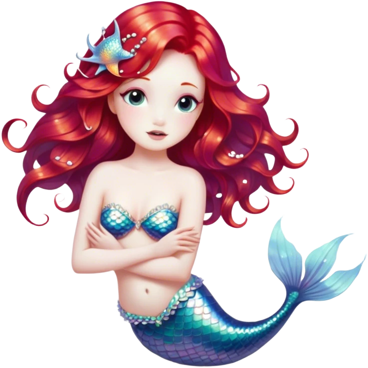 Cinematic Realistic Red Hair Mermaid Portrait, depicted with lifelike porcelain white skin that glows with an ethereal radiance, enhanced by soft underwater lighting. Her intricately detailed, flowing red hair cascades like liquid fire, framing deep, soulful eyes that mirror the mysteries of the deep sea. Accented by shimmering, iridescent scales and delicate aquatic embellishments, the portrait features an enchanting underwater glow that marries realism with mythic ocean elegance. emoji