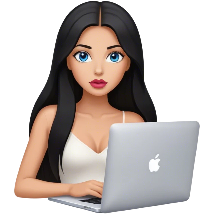 Glamours tanned very beautiful girl with pump rose-nude lips and black straight smooth long hair, blue eyes, with MacBook  emoji
