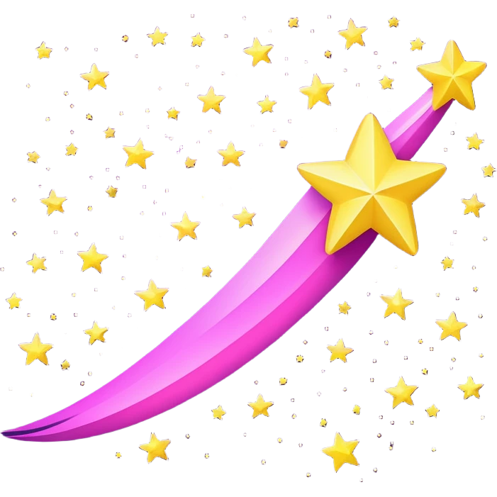 purple-pink shooting star, yelow stars emoji