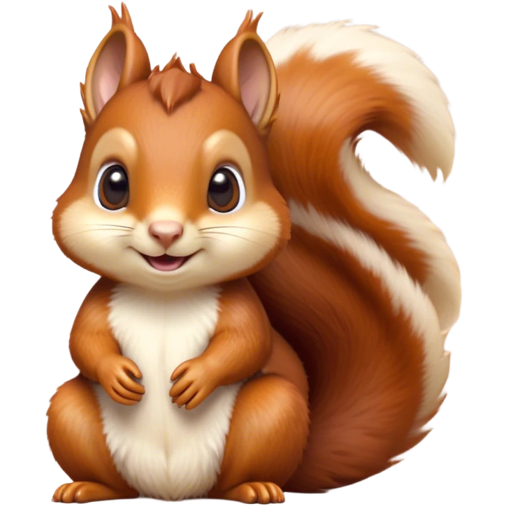 Cinematic Cute Squirrel Portrait Emoji, Head tilted playfully and inquisitively, featuring a fluffy, vibrant auburn Fur with a delicate cream belly and a bushy tail, round, sparkling eyes filled with curious mischief, Simplified yet irresistibly adorable features, highly detailed, glowing with a warm, friendly glow, high shine, affectionate and lively, stylized with a touch of woodland whimsy, bright and endearing, soft glowing outline, capturing the essence of a mischievous yet loving squirrel, so playful it feels like it could leap out of the screen and into your arms! emoji