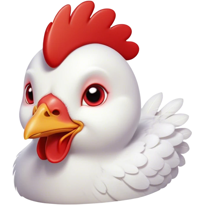 Cinematic Cute White Chicken Portrait Emoji, Head tilted playfully and inquisitively, featuring smooth, immaculate white feathers and a delicate red comb, round, sparkling beady eyes filled with curiosity, Simplified yet irresistibly adorable features, highly detailed, glowing with a warm, friendly glow, high shine, affectionate and lively, stylized with a touch of farmyard whimsy, bright and endearing, soft glowing outline, capturing the essence of a mischievous yet loving chicken, so playful it feels like it could peck out of the screen and into your arms! emoji